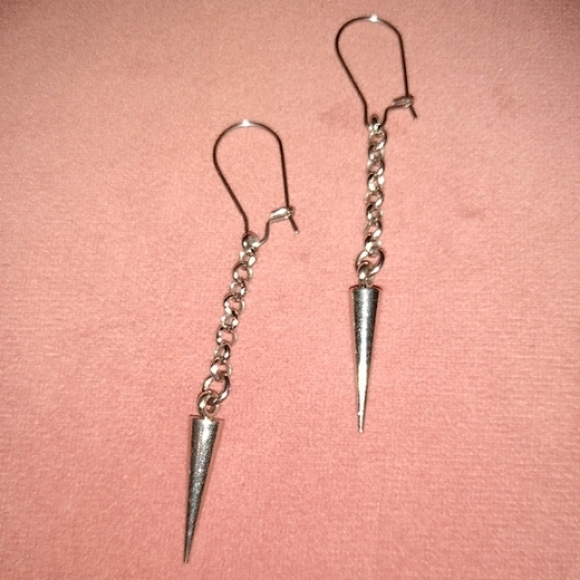 Silver Spike Long Chain Earrings Handmade Goth Steel Ear Wires Punk Biker KATTA - Picture 7 of 8